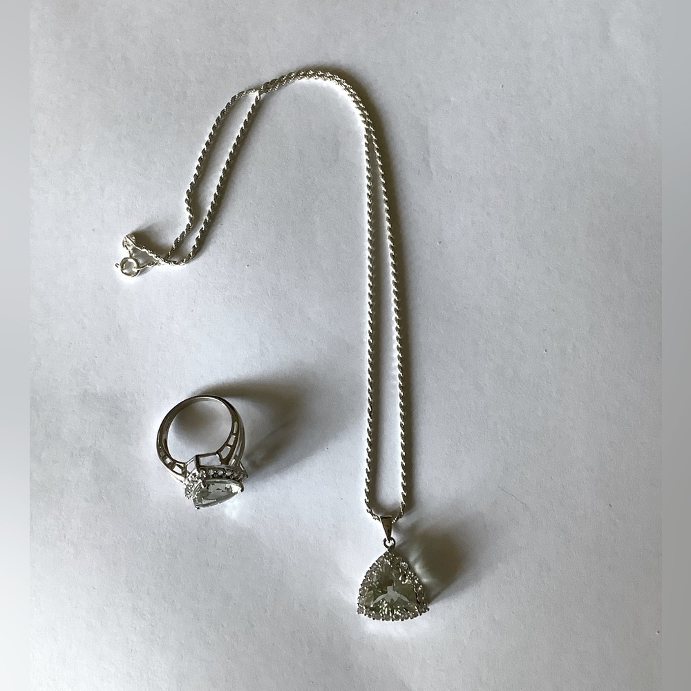 Pale Green Gemstone Pendent Necklace in Silver and Matching Ring